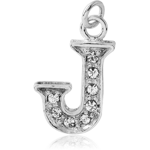 RHODIUM PLATED BRASS JEWELLED LETTER CHARM - J