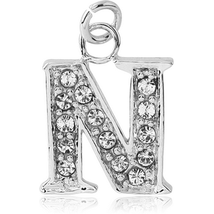 RHODIUM PLATED BRASS JEWELLED LETTER CHARM - N