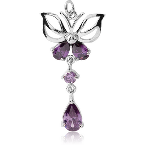 RHODIUM PLATED BRASS JEWELLED CHARM - BUTTERFLY WITH DANGLING TEAR DROP
