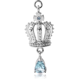 RHODIUM PLATED BRASS JEWELLED CHARM - CROWN WITH DANGLING TEAR DROP