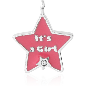 RHODIUM PLATED BRASS JEWELLED ENAMEL CHARM - ITS A GIRL