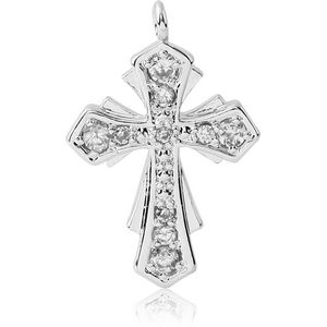 RHODIUM PLATED BRASS JEWELLED CROSS CHARM