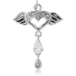 RHODIUM PLATED BRASS JEWELLED WINGED HEART DANGLING CHARM