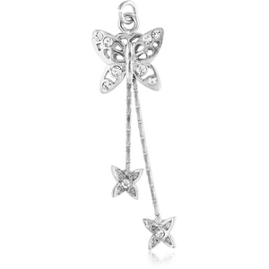 RHODIUM PLATED BRASS JEWELLED CHARM - BUTTERLY WITH DANGLING BUTTERFLIES