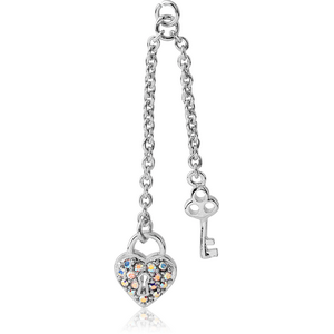 RHODIUM PLATED BRASS JEWELLED CHARM - DANGLING KEY AND HEART LOCK