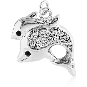RHODIUM PLATED BRASS JEWELLED DOUBLE DOLPHIN CHARM