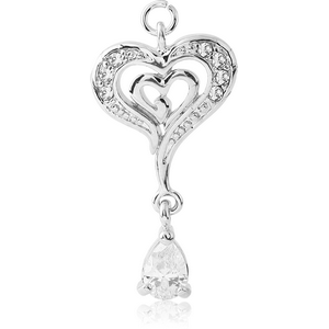 RHODIUM PLATED BRASS JEWELLED CHARM - HEART WITH DANGLING TEAR