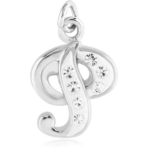 RHODIUM PLATED BRASS CRYSTALINE SCRIPT LETTER CHARM - P