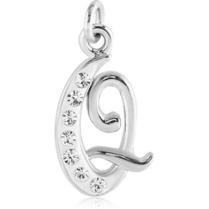 RHODIUM PLATED BRASS CRYSTALINE SCRIPT LETTER CHARM - Q