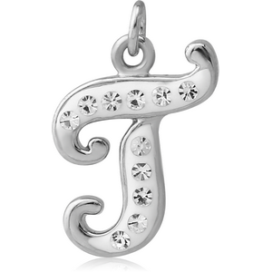 RHODIUM PLATED BRASS CRYSTALINE SCRIPT LETTER CHARM - T