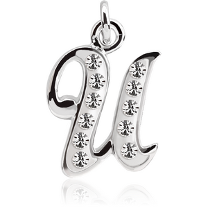 RHODIUM PLATED BRASS CRYSTALINE SCRIPT LETTER CHARM - U