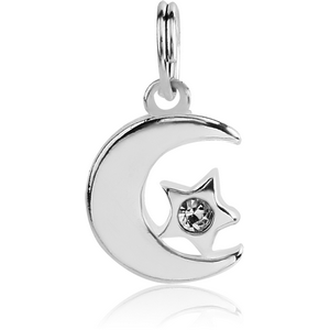 RHODIUM PLATED WHITE METAL CHARM - CRESCENT AND STAR