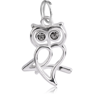 RHODIUM PLATED WHITE METAL JEWELLED OWL CHARM