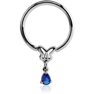 SURGICAL STEEL BALL CLOSURE RING WITH JEWELLED ATTACHMENT - BUTTERFLY WITH DANGLING DROP