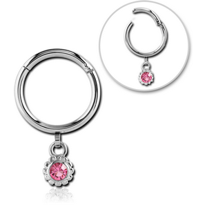 SURGICAL STEEL ROUND HINGED SEGMENT RING WITH HOOP AND JEWELLED DANGLING CHARM - BALL