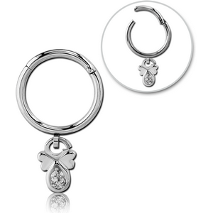 SURGICAL STEEL ROUND HINGED SEGMENT RING WITH HOOP AND JEWELLED DANGLING CHARM - FLOWER