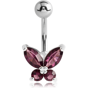 RHODIUM PLATED BRASS JEWELLED BUTTERFLY NAVEL BANANA