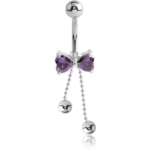 RHODIUM PLATED BRASS JEWELLED BOW NAVEL BANANA