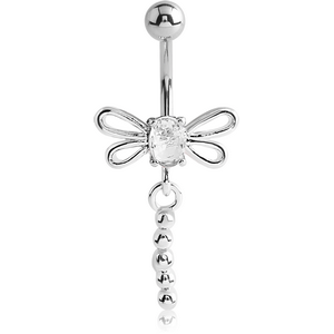 RHODIUM PLATED JEWELED DRAGONFLY DANGLE FASHION NAVEL BANANA