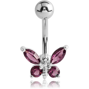 RHODIUM PLATED BRASS JEWELLED BUTTERFLY NAVEL BANANA