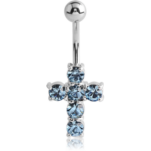 RHODIUM PLATED BRASS JEWELLED CROSS NAVEL BANANA