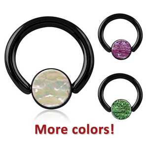 BLACK PVD COATED SURGICAL STEEL SYNTHETIC MOTHER OF PEARL BALL CLOSURE RING