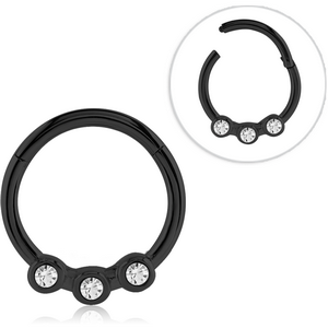 BLACK PVD COATED SURGICAL STEEL ROUND JEWELLED HINGED SEGMENT RING