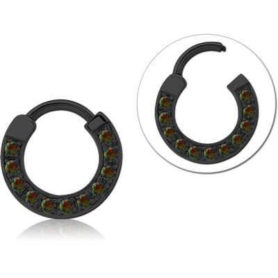 BLACK PVD COATED SURGICAL STEEL SYNTHETIC OPAL HINGED SEGMENT RING