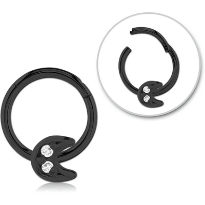 BLACK PVD COATED SURGICAL STEEL JEWELLED HINGED SEGMENT RING - CRESCENT PRONGS