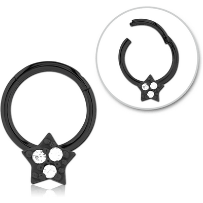 BLACK PVD COATED SURGICAL STEEL JEWELLED HINGED SEGMENT RING - STAR PRONGS