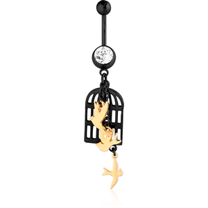 SURGICAL STEEL JEWELLED NAVEL BANANA WITH DANGLING BLACK PVD COATED CHARM - BIRDS AND CAGE