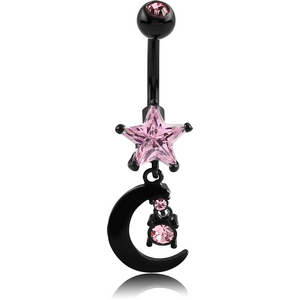 BLACK PVD COATED DOUBLE JEWELLED STAR FASHION NAVEL BANANA WITH MOON CHARM