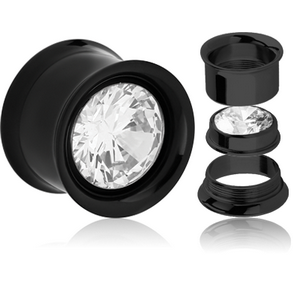BLACK PVD COATED STAINLESS STEEL DOUBLE FLARED THREADED TUNNEL WITH REMOVABLE JEWELLED