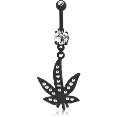 BLACK PVD COATED SURGICAL STEEL DOUBLE JEWELLED NAVEL BANANA - MARIJUANA LEAF