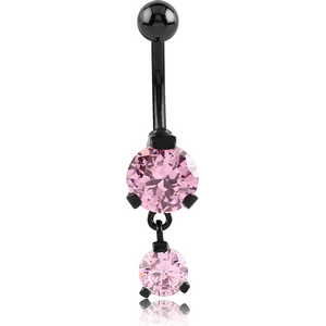 BLACK PVD COATED SURGICAL STEEL DOUBLE ROUND CZ JEWELLED WITH DANGLING NAVEL BANANA