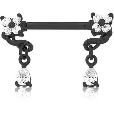 BLACK PVD COATED SURGICAL STEEL NIPPLE PIERCING INTERNAL THREADED BAR WITH MOVING CHARM FINE JEWELLED