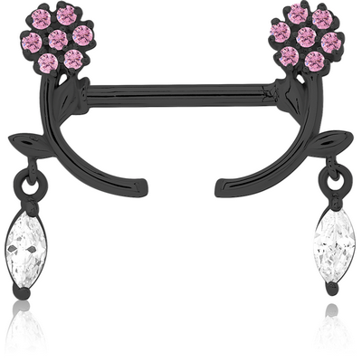 BLACK PVD COATED SURGICAL STEEL NIPPLE PIERCING INTERNAL THREADED BAR WITH MOVING CHARM FINE JEWELLED