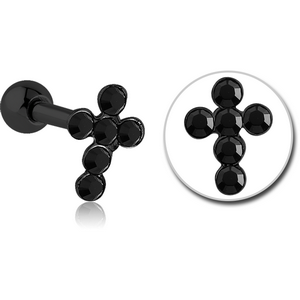 BLACK PVD COATED SURGICAL STEEL JEWELLED CROSS TRAGUS MICRO BARBELL