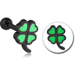 BLACK PVD COATED SURGICAL STEEL TRAGUS MICRO BARBELL WITH ENAMEL - SHAMROCK