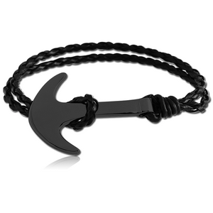 BLACK PVD COATED SURGICAL STEEL BRACELET WITH LEATHER - ANCHOR