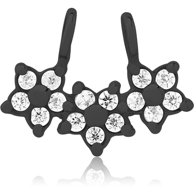 BLACK PVD COATED SURGICAL STEEL SLIDING JEWELLED CHARM FOR HINGED SEGMENT RING - TRIPLE FLOWER