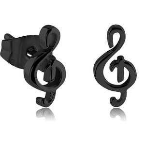 BLACK PVD COATED SURGICAL STEEL EAR STUDS PAIR - MUSIC NOTE