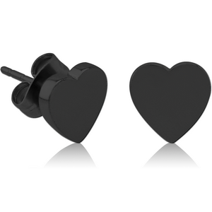 BLACK PVD COATED SURGICAL STEEL EAR STUDS PAIR - HEART FLAT