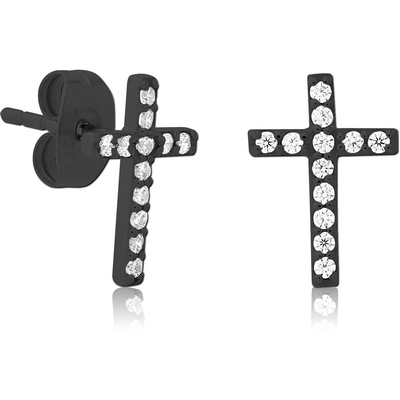 BLACK PVD COATED SURGICAL STEEL JEWELLED EAR STUDS PAIR - CROSS
