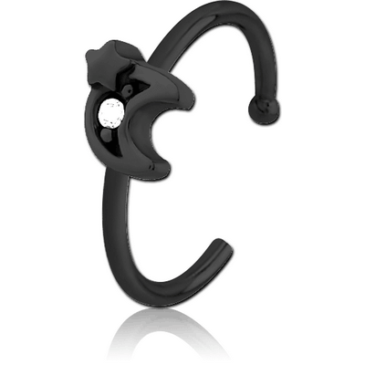 BLACK PVD COATED SURGICAL STEEL JEWELLED OPEN NOSE RING - CRESCENT AND STAR