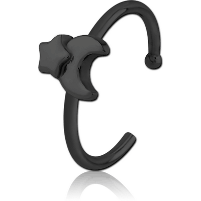 BLACK PVD COATED SURGICAL STEEL OPEN NOSE RING - CRESCENT AND STAR