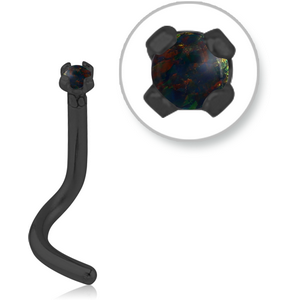 BLACK PVD COATED SURGICAL STEEL CURVED PRONG SET 1.5MM JEWELLED NOSE STUD WITH SYNTHETIC OPAL