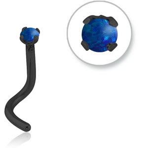 BLACK PVD COATED SURGICAL STEEL CURVED PRONG SET 2MM JEWELLED NOSE STUD WITH SYNTHETIC OPAL
