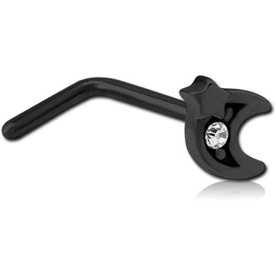 BLACK PVD COATED SURGICAL STEEL 90 DEGREE JEWELLED NOSE STUD - CRESCENT AND STAR