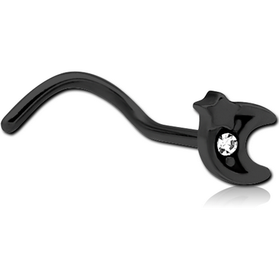 BLACK PVD COATED SURGICAL STEEL CURVED JEWELLED NOSE STUD - CRESCENT AND STAR
